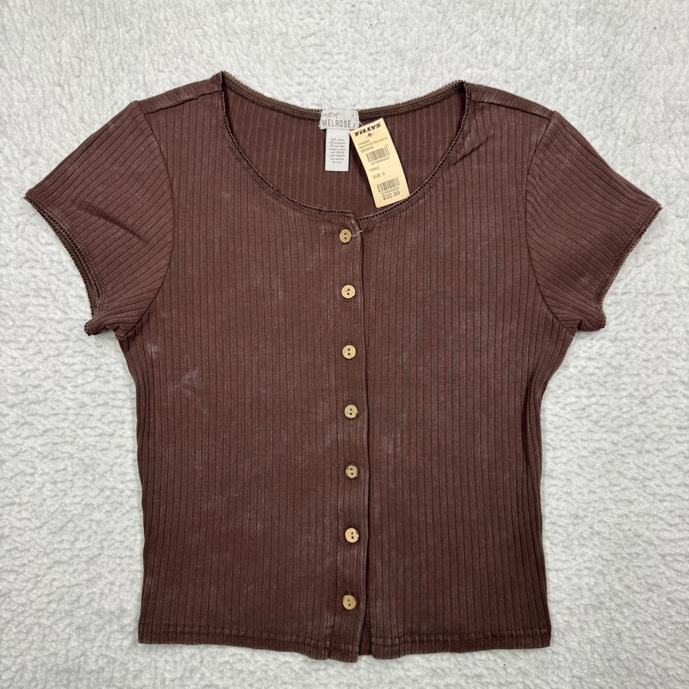 NWT West of Melrose Button Front Baby Tee Shirt Top Brown Women's Size Small